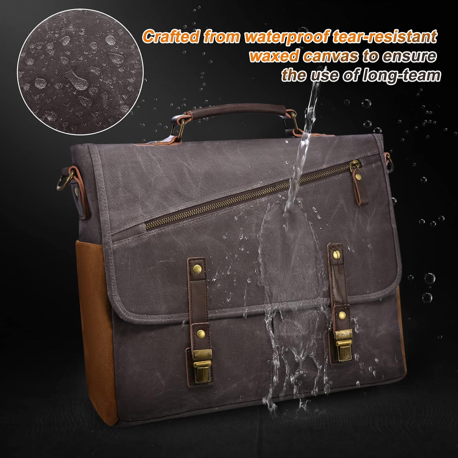 LOVEVOOK Mens Messenger Bag， 15.6 Inch Waterproof Waxed Canvas Briefcase Vintage Leather Computer Laptop Book Bag Large Satchel Shoulder Bag for Work， Travel， School - Image 2